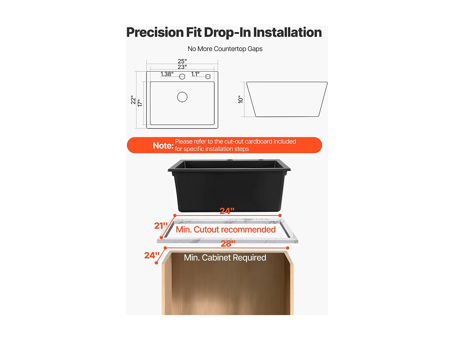 Évier de Cuisine SucceBuy Moderne en Granit de 63,5 cm, Évier à Poser à Large Cuve Simple, Bac à Laver Encastrable avec Accessoires Multiples
