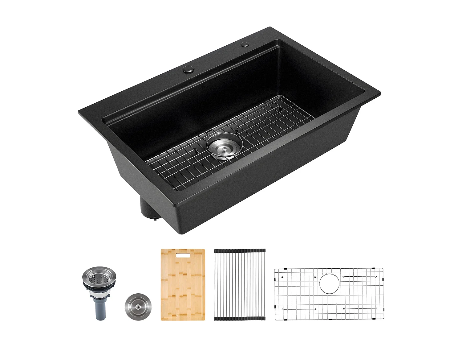 Moderne Küchenspüle SucceBuy aus Granit 84x56 cm, Aufbau-Spüle mit Großer Einzelspüle, Einbauwaschbecken mit Mehreren Zubehörteilen