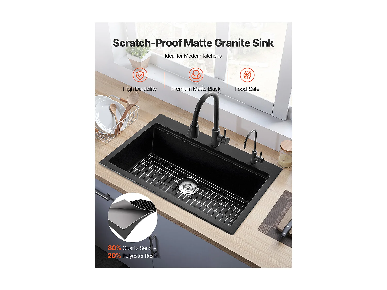 Moderne Küchenspüle SucceBuy aus Granit 84x56 cm, Aufbau-Spüle mit Großer Einzelspüle, Einbauwaschbecken mit Mehreren Zubehörteilen