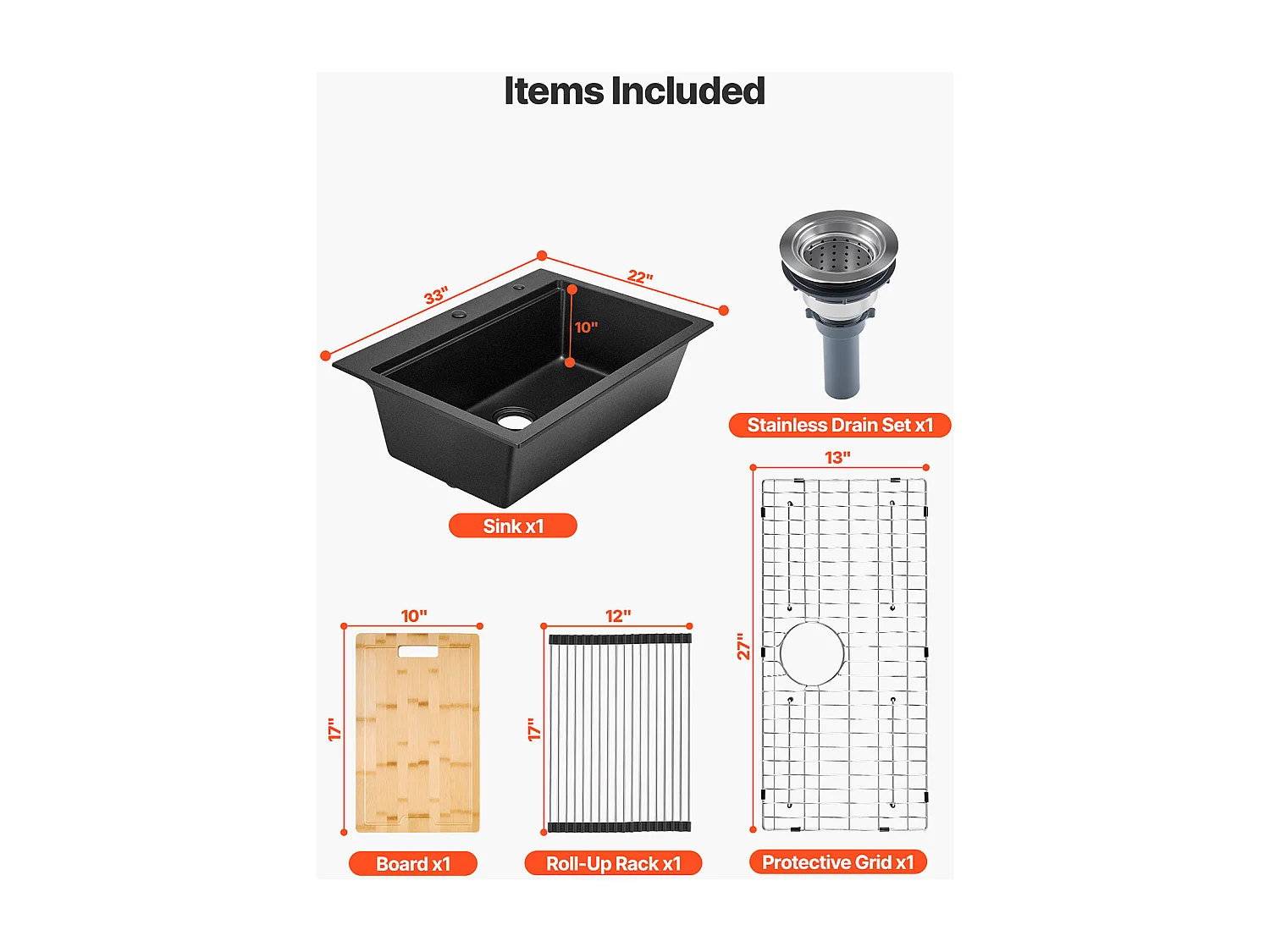 Moderne Küchenspüle SucceBuy aus Granit 84x56 cm, Aufbau-Spüle mit Großer Einzelspüle, Einbauwaschbecken mit Mehreren Zubehörteilen