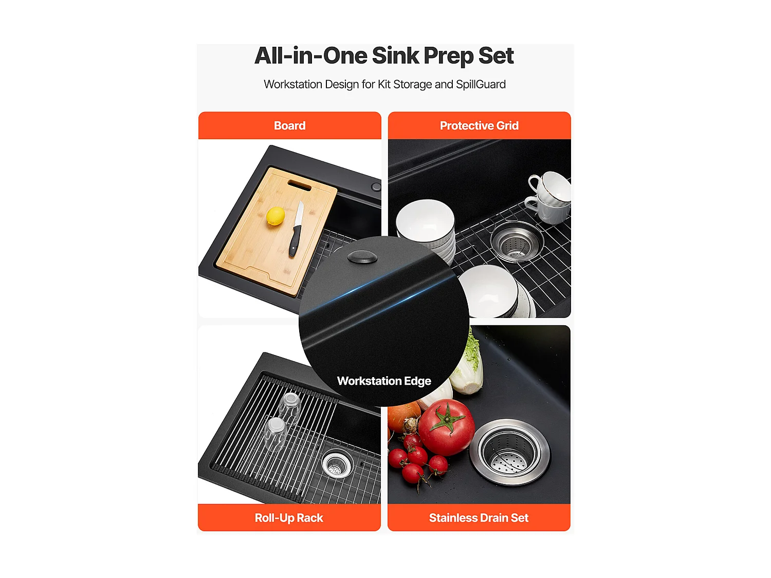 Moderne Küchenspüle SucceBuy aus Granit 84x56 cm, Aufbau-Spüle mit Großer Einzelspüle, Einbauwaschbecken mit Mehreren Zubehörteilen