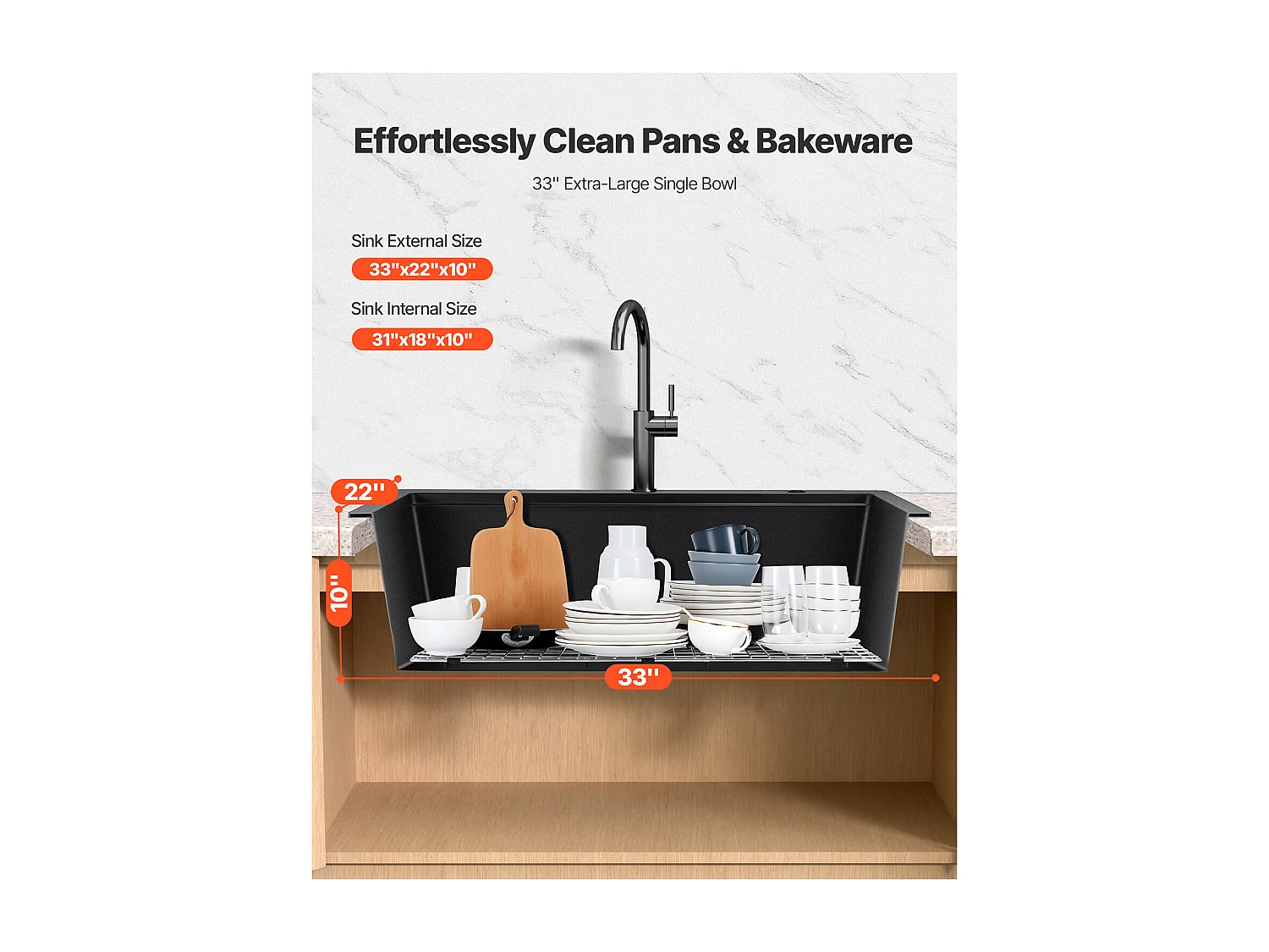 Moderne Küchenspüle SucceBuy aus Granit 84x56 cm, Aufbau-Spüle mit Großer Einzelspüle, Einbauwaschbecken mit Mehreren Zubehörteilen