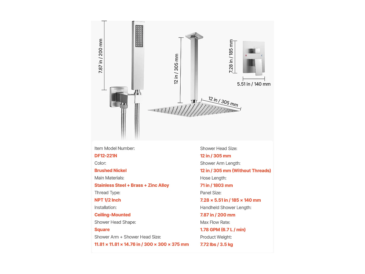 Columna de Ducha SucceBuy Kit de Ducha, Sistema de Ducha con Rociador Cuadrado de 305 mm, Teleducha, Montaje en Techo, Acabado en Níquel Cepillado
