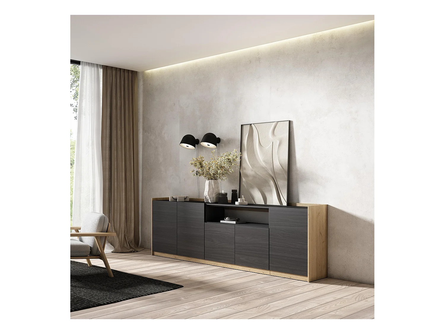 Buffet salon et cuisine, 260x80x37 cm, 5 Portes, Meuble chaussure, Noir et chêne