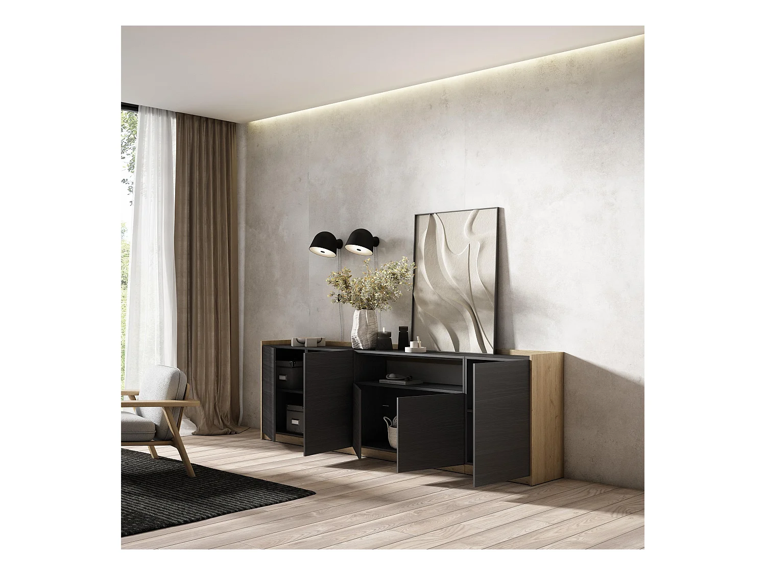 Buffet salon et cuisine, 260x80x37 cm, 5 Portes, Meuble chaussure, Noir et chêne