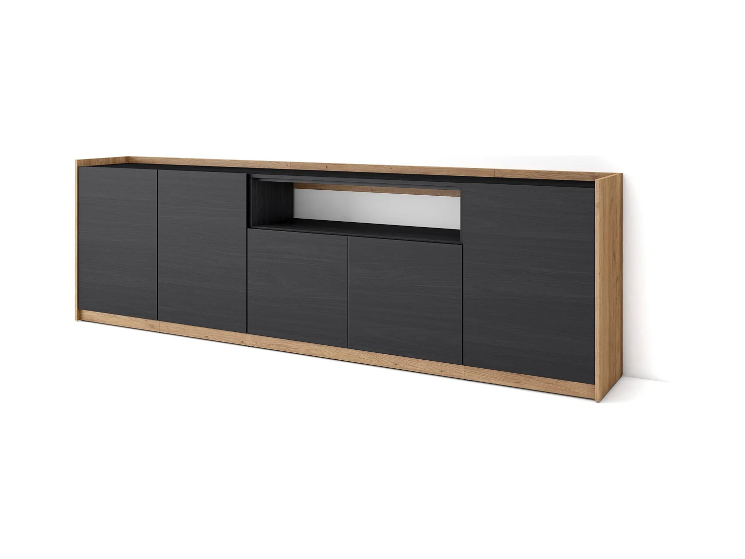 Dressoir, Opbergkast, 260x80x37 cm, 5 Deuren, Woonkamer, hal, Zwart/Eiken