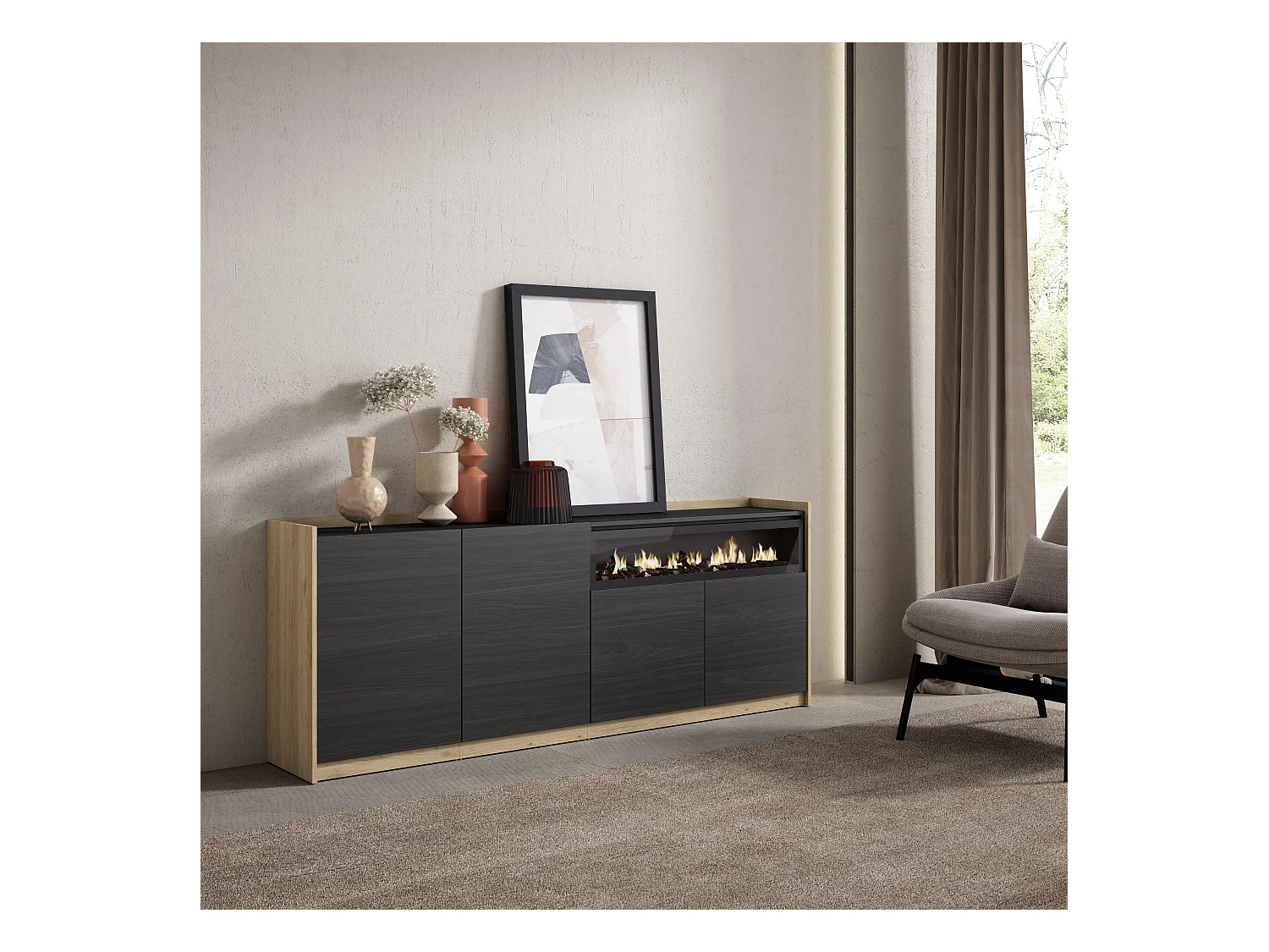 Aparadores para salón, 207x80x37 cm, 4 Puertas, Chimenea eléctrica, Negro y roble