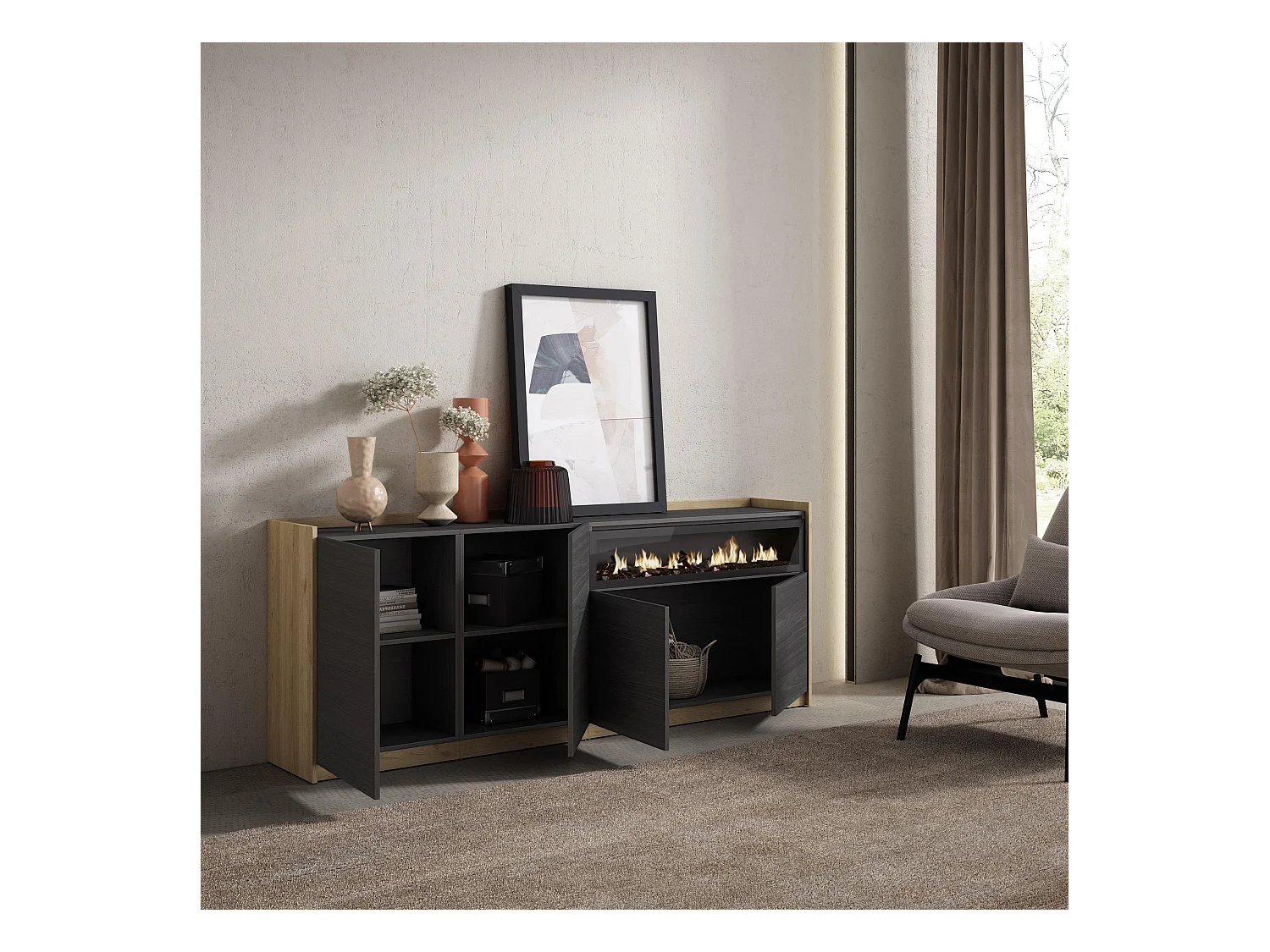 Aparadores para salón, 207x80x37 cm, 4 Puertas, Chimenea eléctrica, Negro y roble