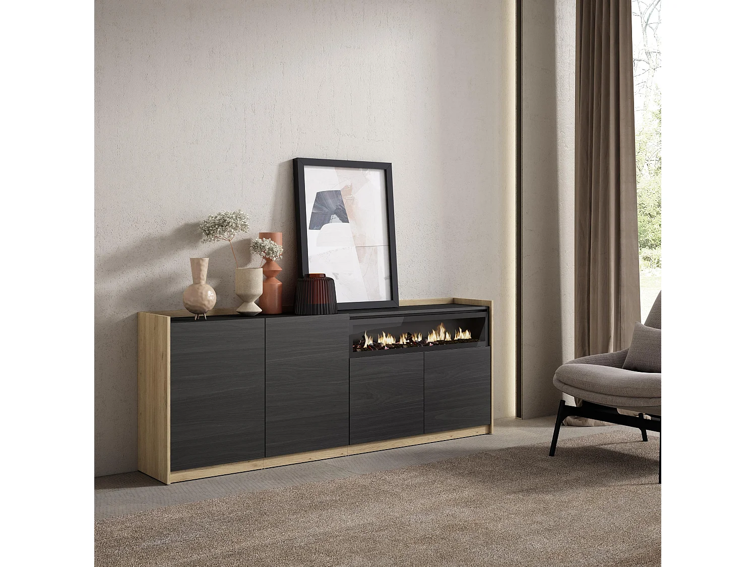 Aparador sala de jantar, 207x80x37 cm, 4 Portas, Lareira eléctrica, Preto e Carvalho