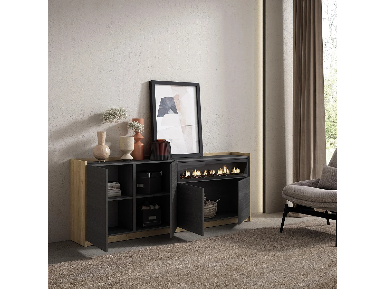 Aparador sala de jantar, 207x80x37 cm, 4 Portas, Lareira eléctrica, Preto e Carvalho