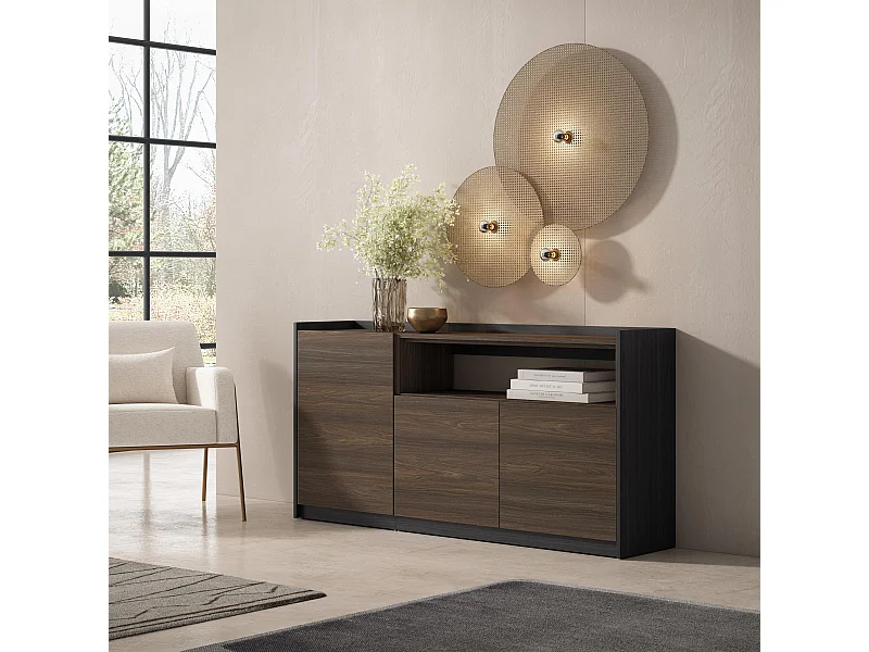 Buffet salon et cuisine, 156x80x37 cm, 3 Portes, Meuble chaussure, Chêne foncé et Noir