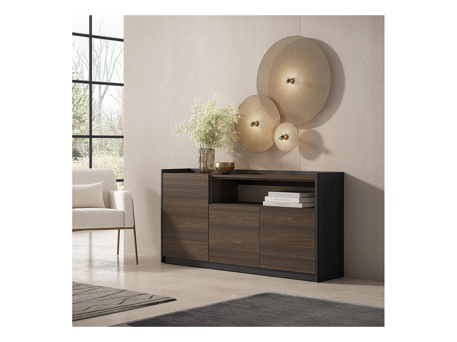 Buffet salon et cuisine, 156x80x37 cm, 3 Portes, Meuble chaussure, Chêne foncé et Noir