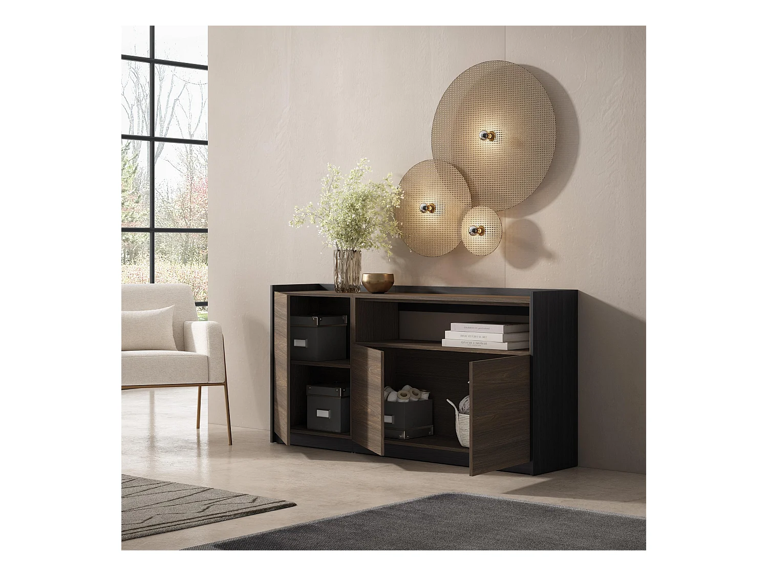 Buffet salon et cuisine, 156x80x37 cm, 3 Portes, Meuble chaussure, Chêne foncé et Noir