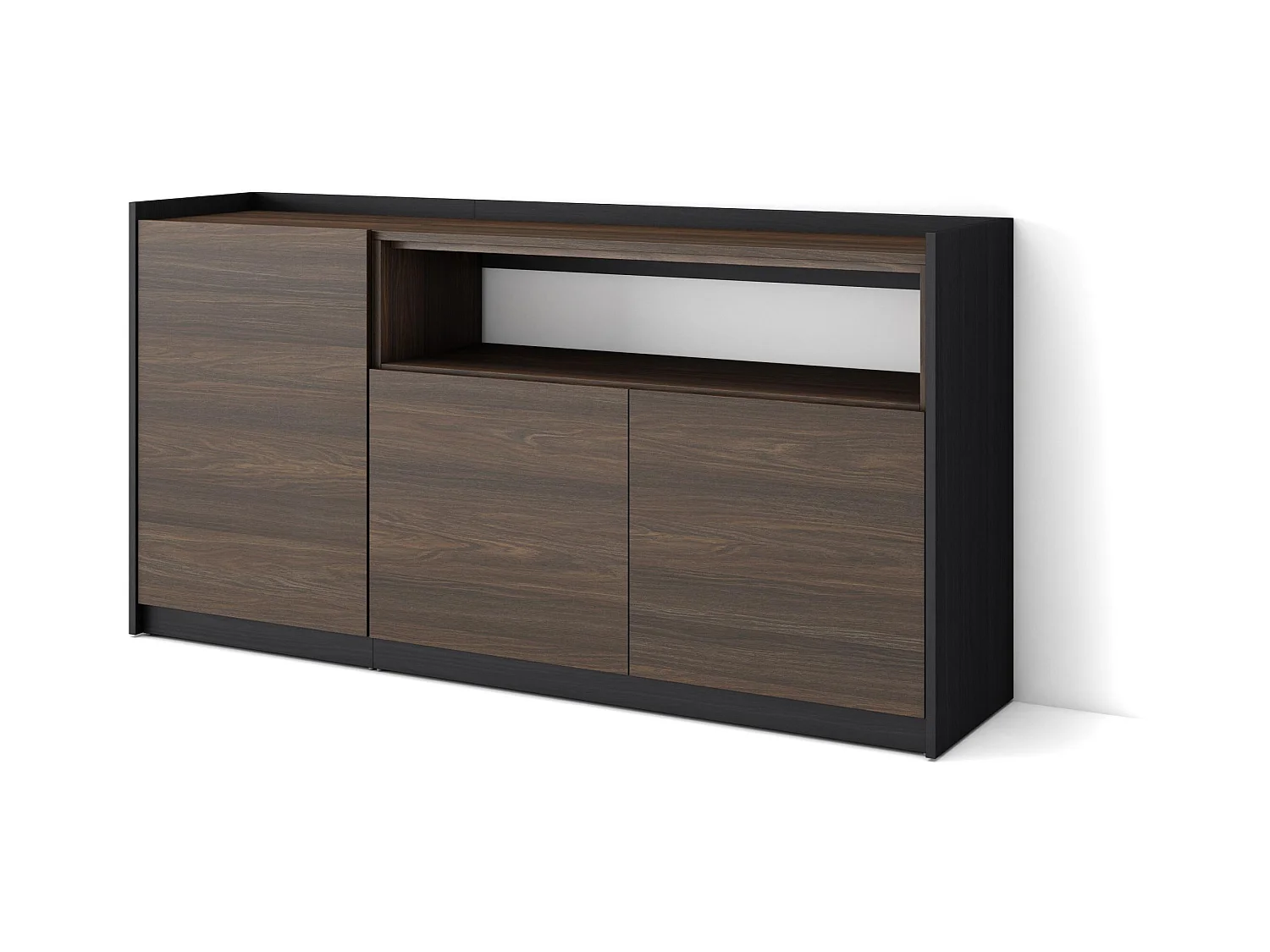 Dressoir, Opbergkast, 156x80x37 cm, 3 Deuren, Woonkamer, hal, Donkere eik en Zwart