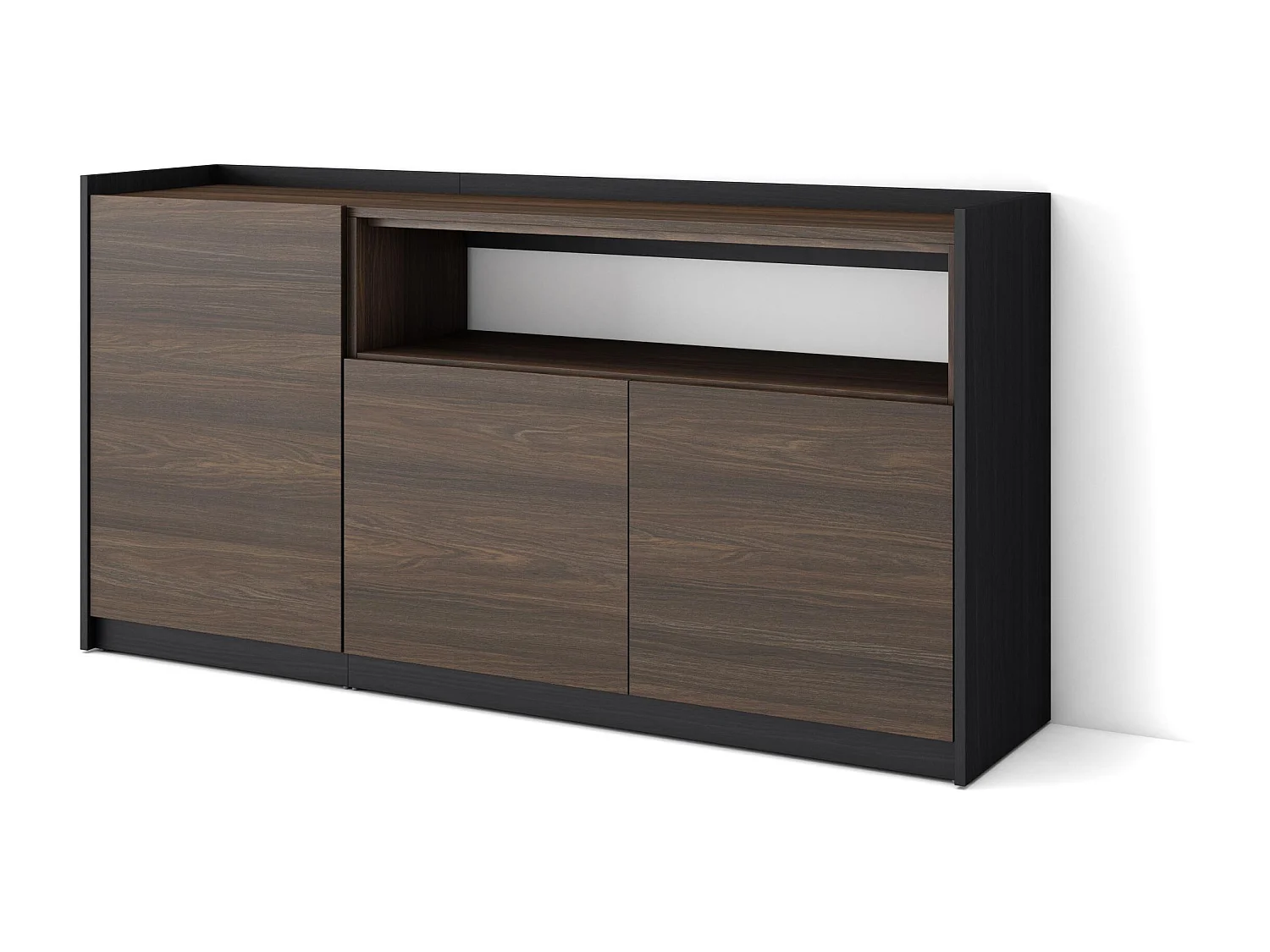 Dressoir, Opbergkast, 156x80x37 cm, 3 Deuren, Woonkamer, hal, Donkere eik en Zwart