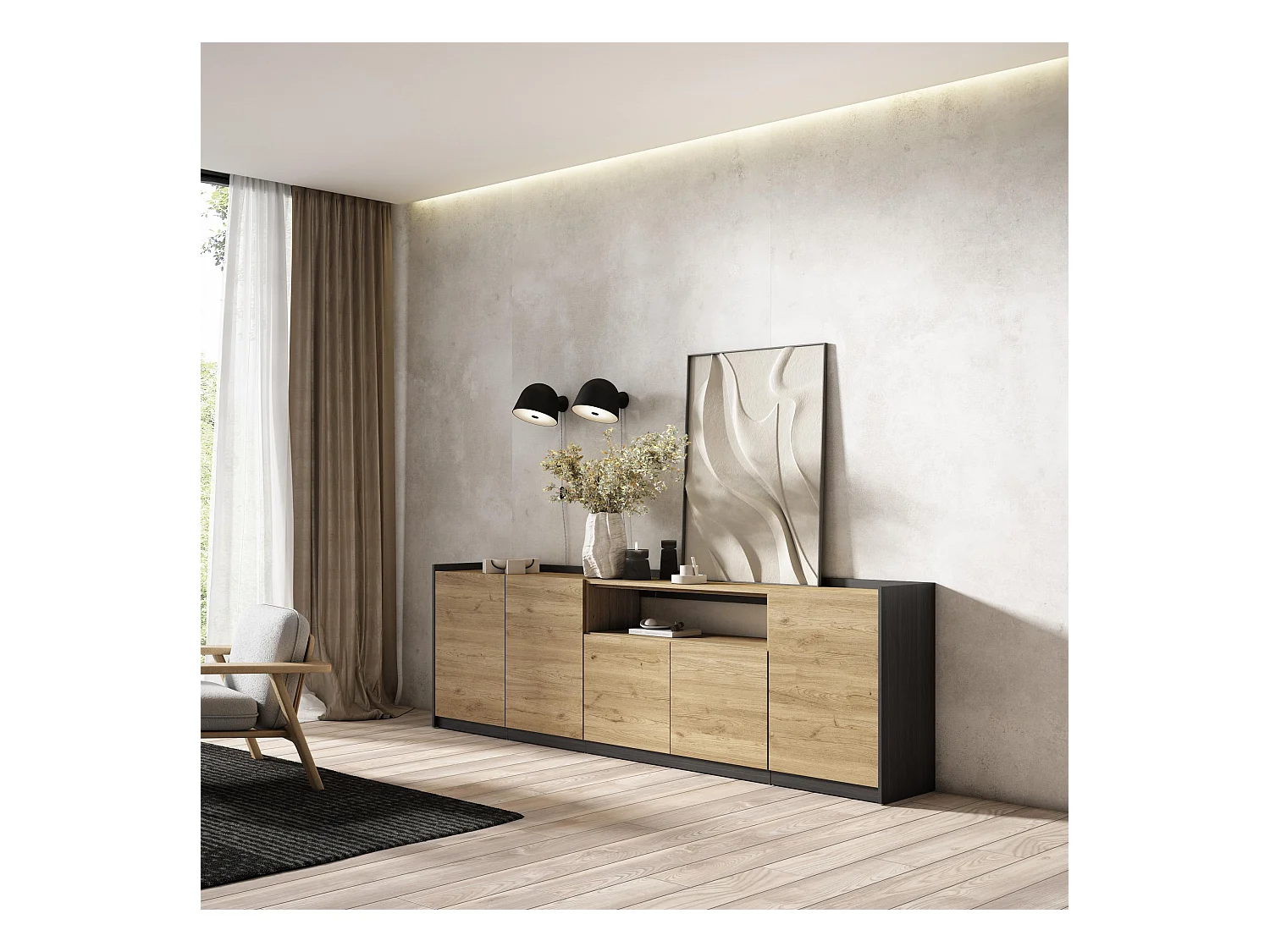 Buffet salon et cuisine, 260x80x37 cm, 5 Portes, Meuble chaussure, Chêne et noir