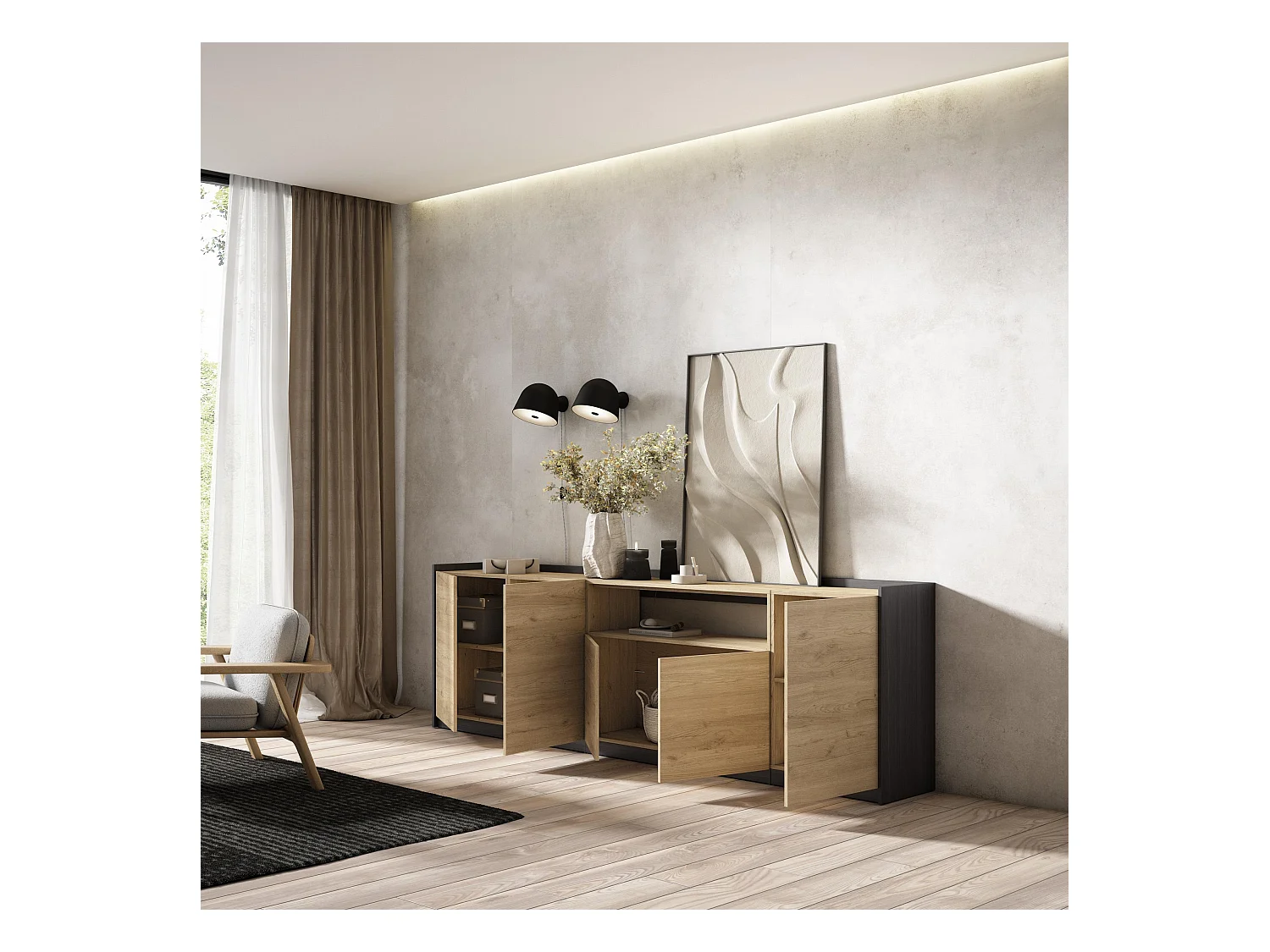 Buffet salon et cuisine, 260x80x37 cm, 5 Portes, Meuble chaussure, Chêne et noir