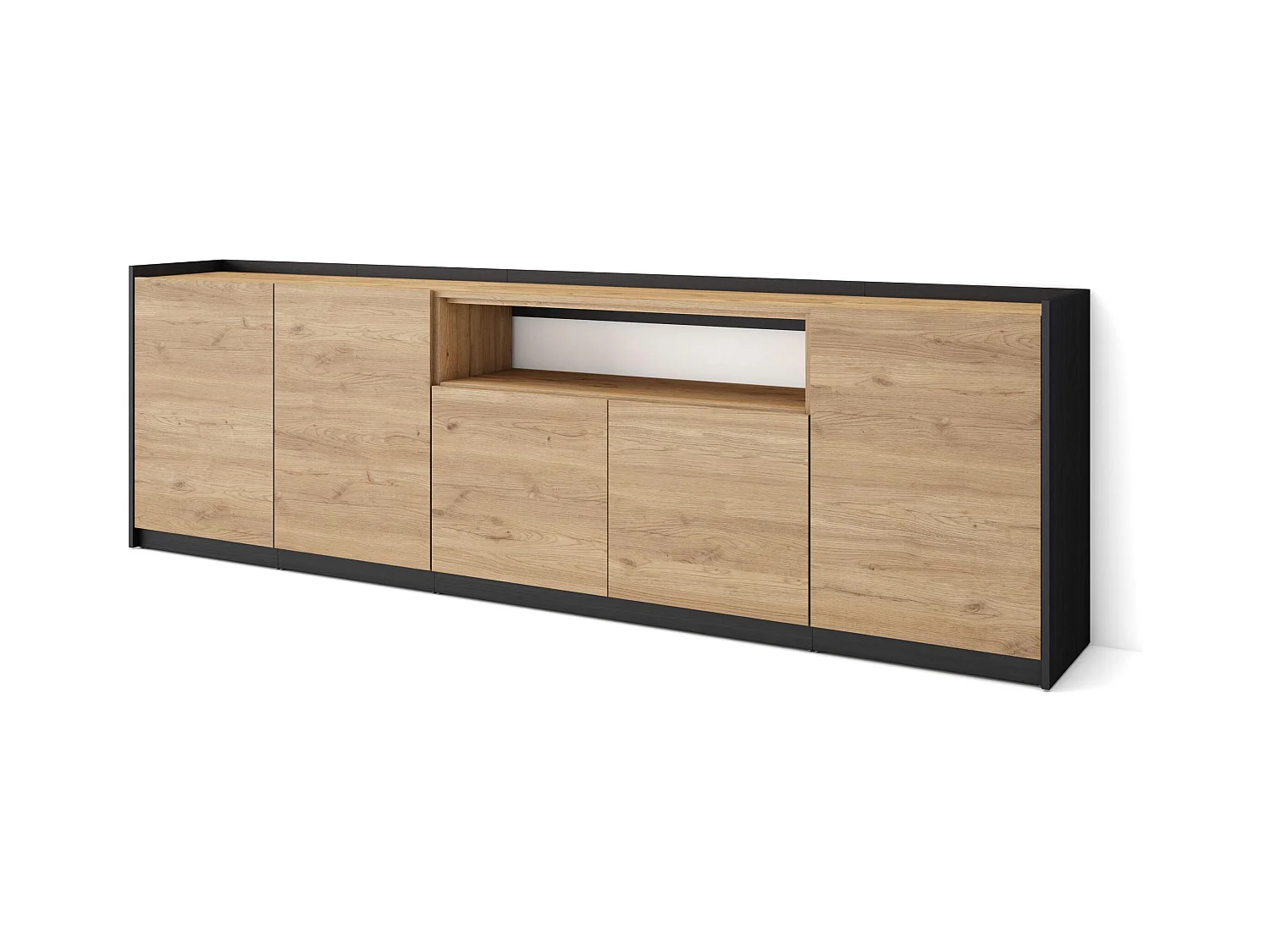 Credenza, Mobile, Cucina, 260x80x37 cm, 5 Porte, grande stoccaggio, Rovere e nero