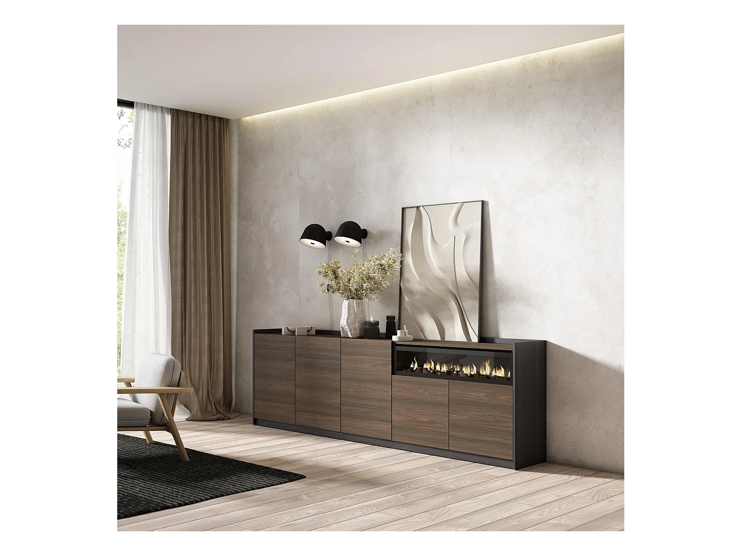 Buffet salon et cuisine, 260x80x37 cm, 5 Portes, Cheminée électrique, Chêne foncé et Noir