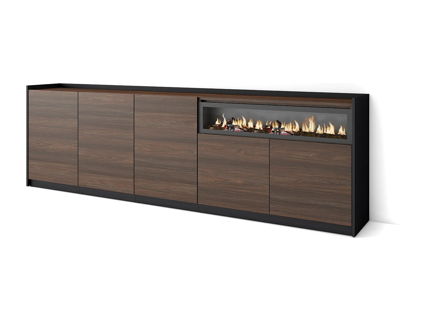 Dressoir, Opbergkast, 260x80x37 cm, 5 Deuren, Elektrische haard, Donkere eik en Zwart