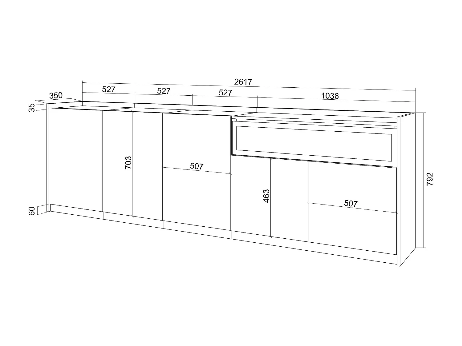 Dressoir, Opbergkast, 260x80x37 cm, 5 Deuren, Elektrische haard, Donkere eik en Zwart
