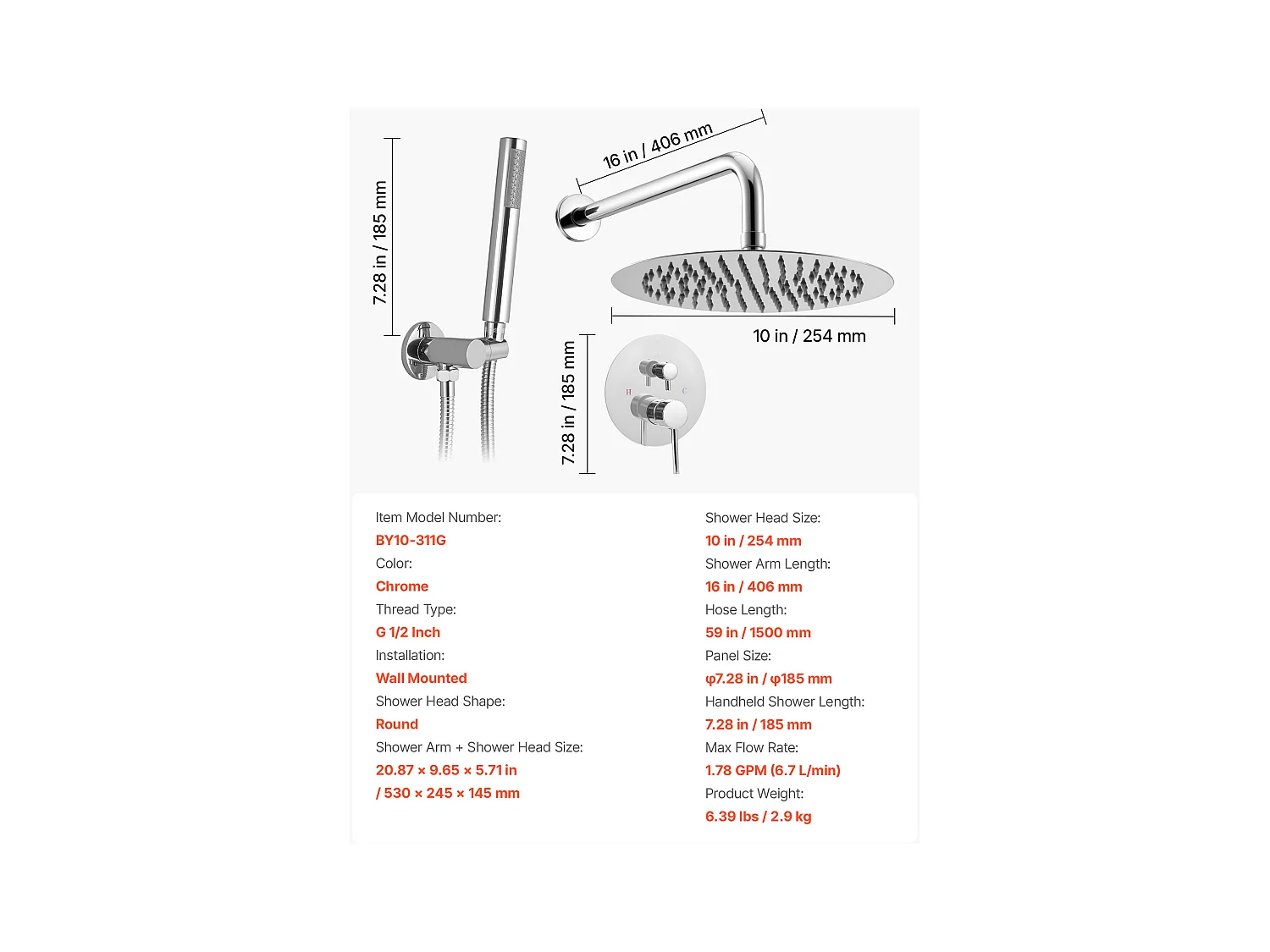 Colonne de Douche SucceBuy Kit de Douche avec Pommeau de Tête Rond de 254 mm, Douchette à Main et Kit de Garniture, Montage Mural, Finition Argentée Chromée