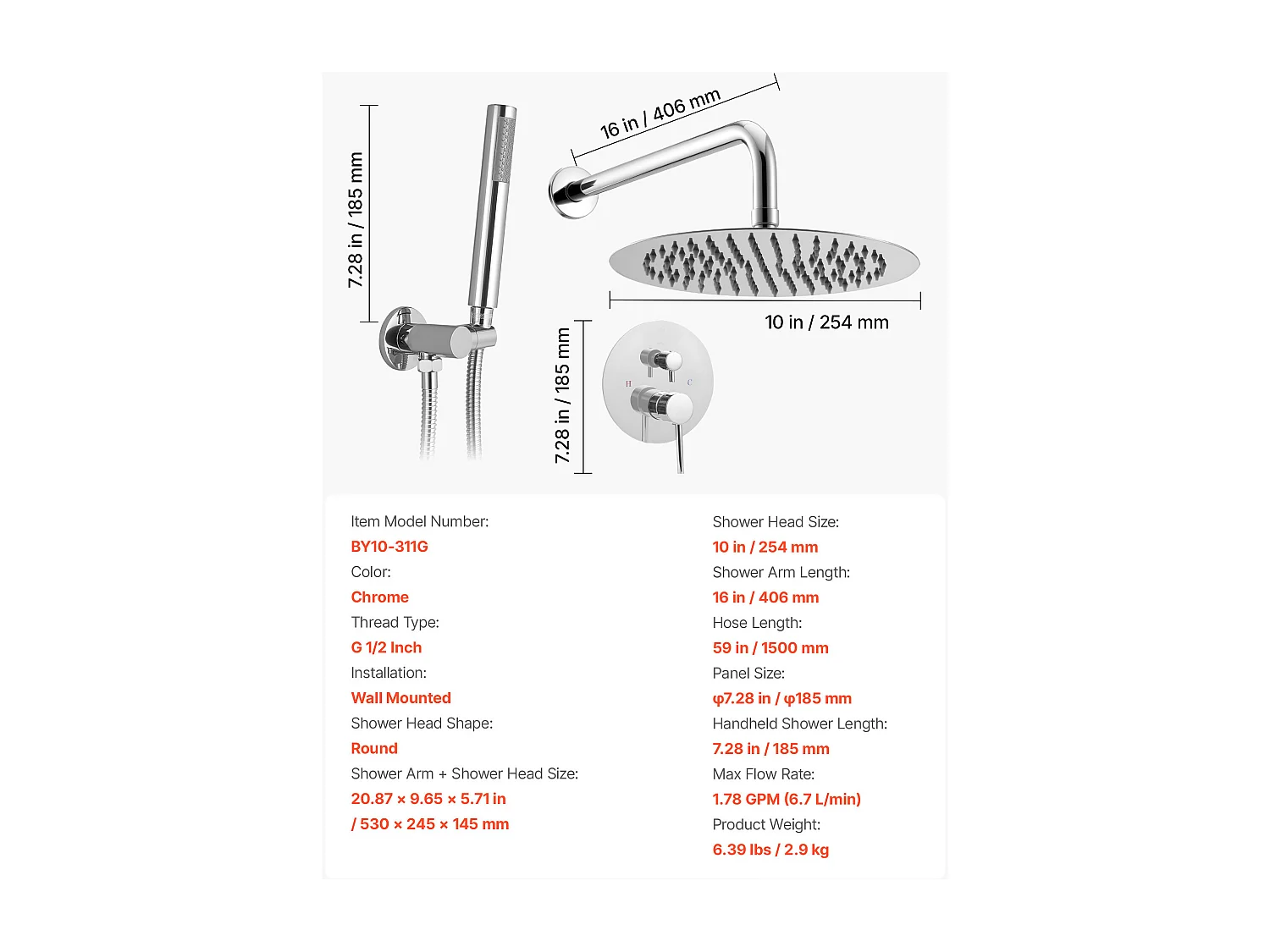 Colonne de Douche SucceBuy Kit de Douche avec Pommeau de Tête Rond de 254 mm, Douchette à Main et Kit de Garniture, Montage Mural, Finition Argentée Chromée