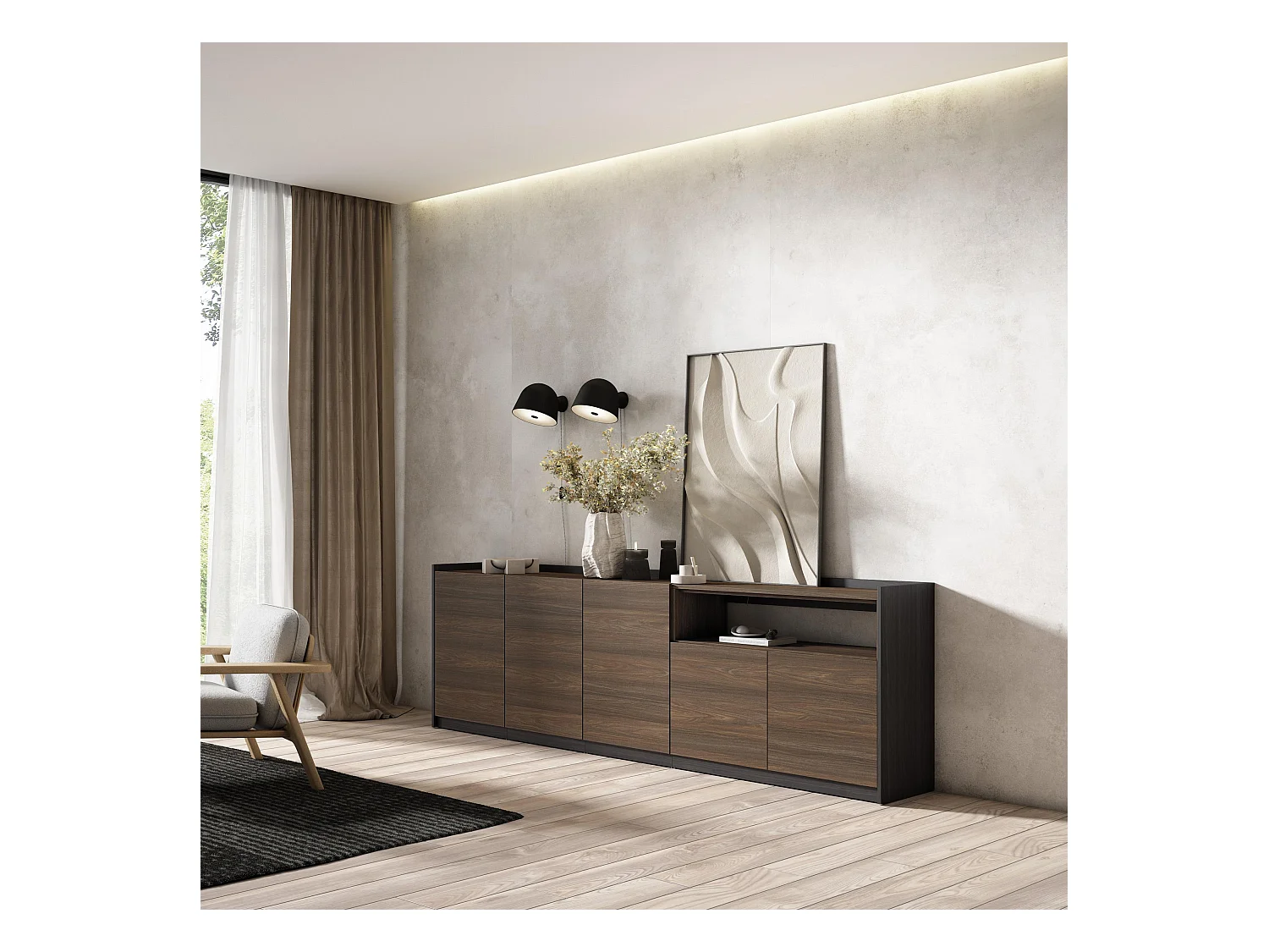 Buffet salon et cuisine, 260x80x37 cm, 5 Portes, Meuble chaussure, Chêne foncé et Noir