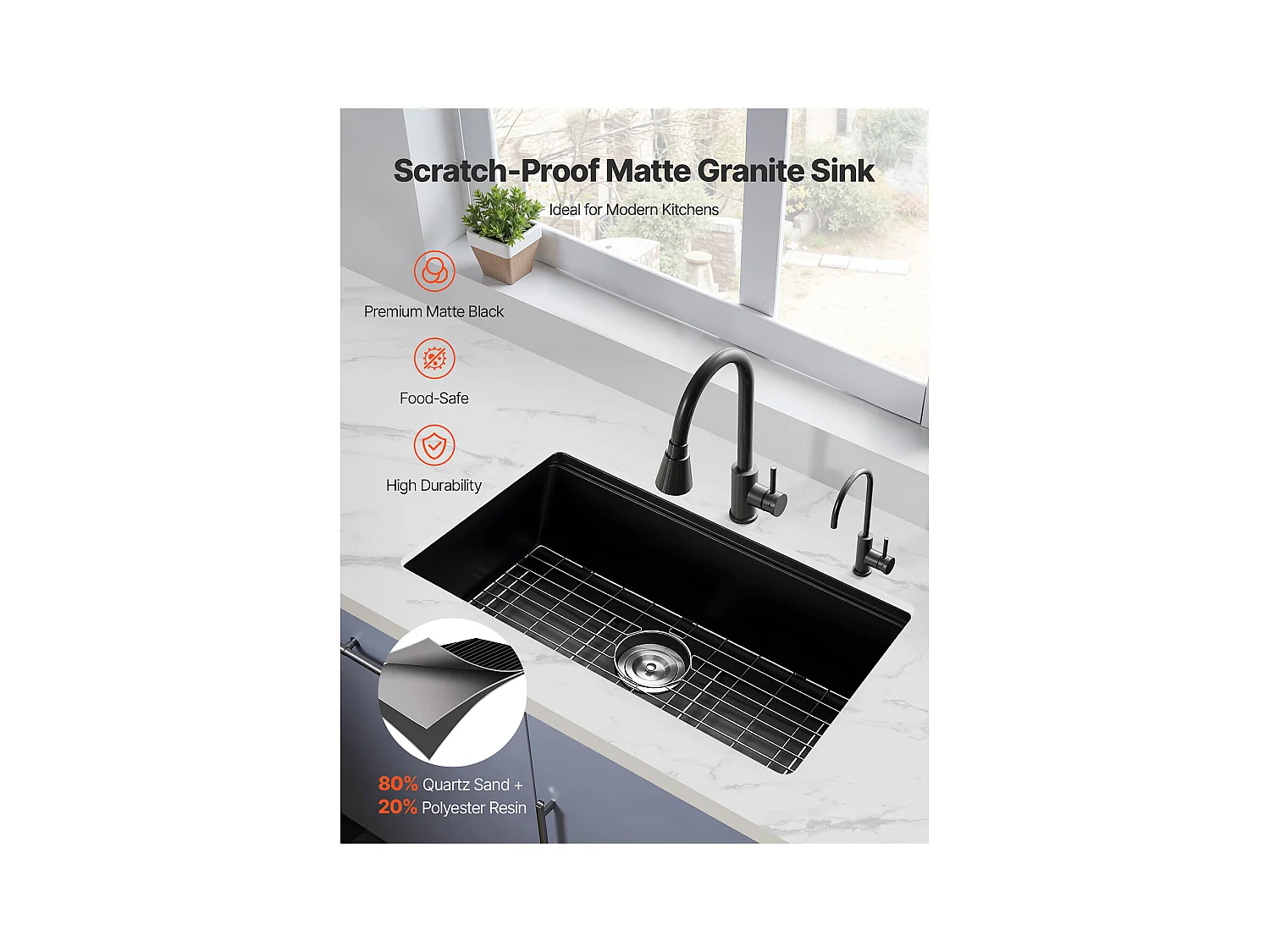 Évier de Cuisine SucceBuy Moderne en Granit de 76,2 cm, Évier sous Plan à Large Cuve Simple, Bac à Laver avec Accessoires Multiples, Nettoyage Facile