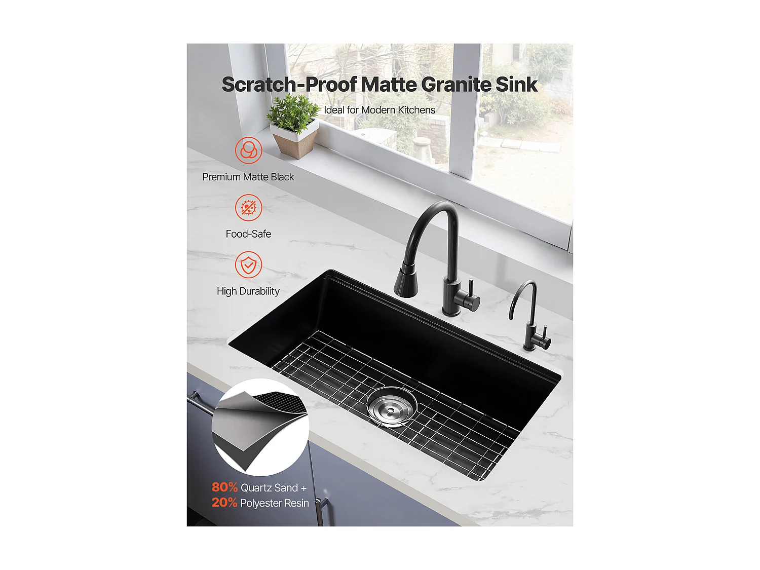 Évier de Cuisine SucceBuy Moderne en Granit de 76,2 cm, Évier sous Plan à Large Cuve Simple, Bac à Laver avec Accessoires Multiples, Nettoyage Facile