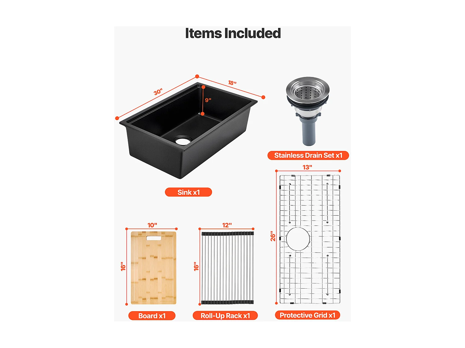 Évier de Cuisine SucceBuy Moderne en Granit de 76,2 cm, Évier sous Plan à Large Cuve Simple, Bac à Laver avec Accessoires Multiples, Nettoyage Facile
