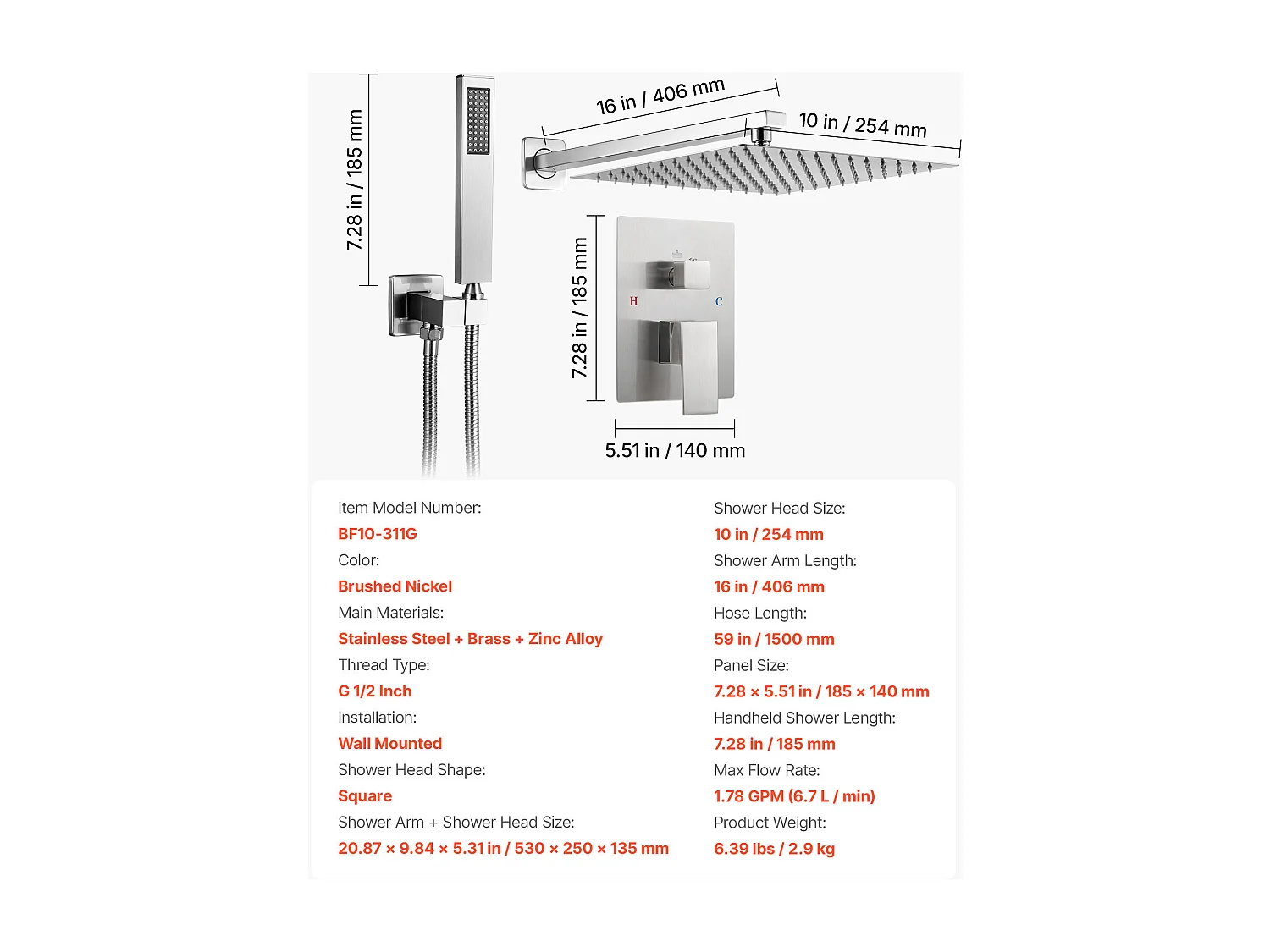 Colonne de Douche SucceBuy Kit de Douche avec Pommeau de Pluie Carré 254 mm, Douchette à Main et Kit de Montage, Installation Murale, Finition Nickel Brossé