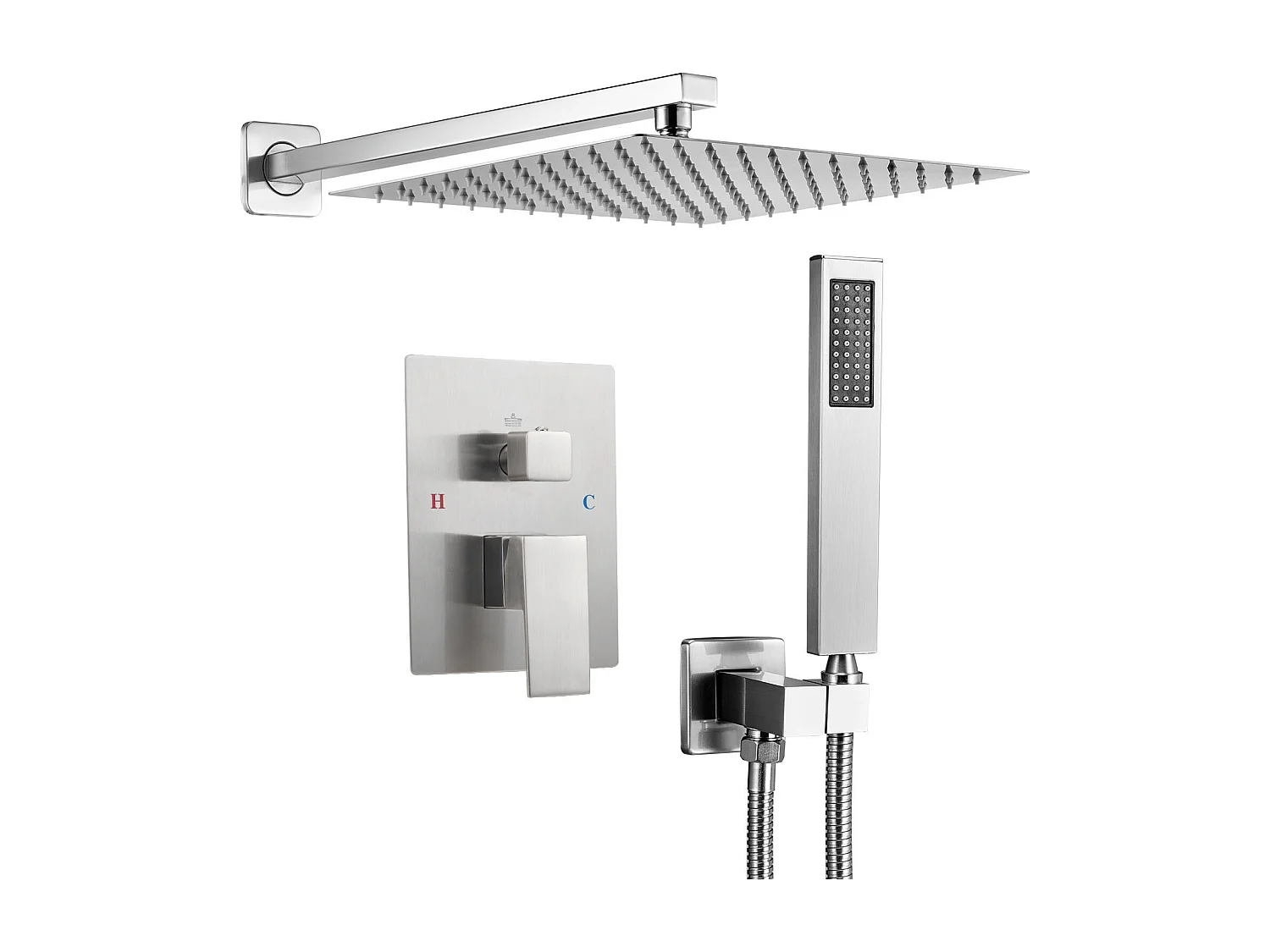 Colonne de Douche SucceBuy Kit de Douche avec Pommeau de Pluie Carré 254 mm, Douchette à Main et Kit de Montage, Installation Murale, Finition Nickel Brossé