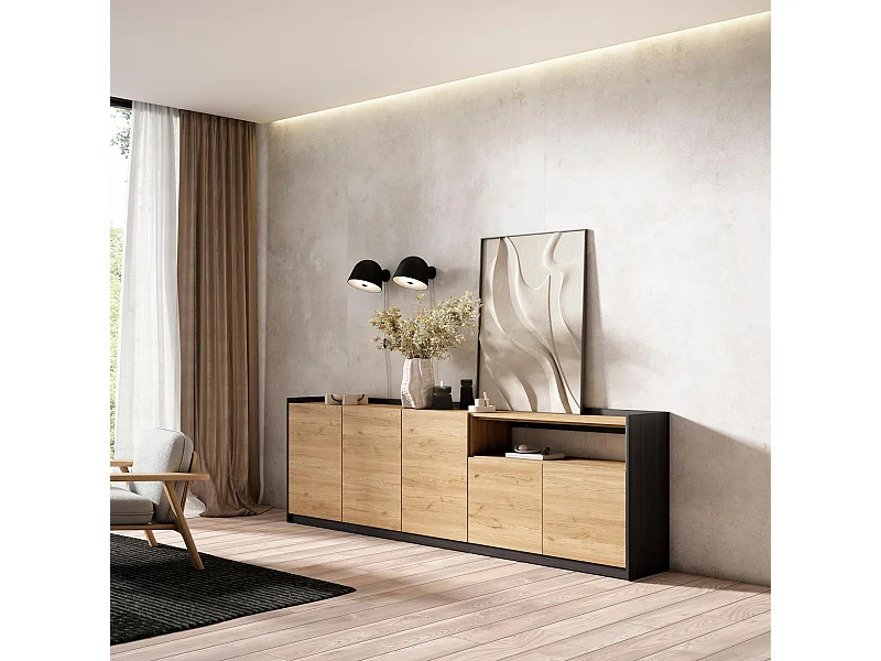 Credenza, Mobile, Cucina, 260x80x37 cm, 5 Porte, grande stoccaggio, Rovere e nero