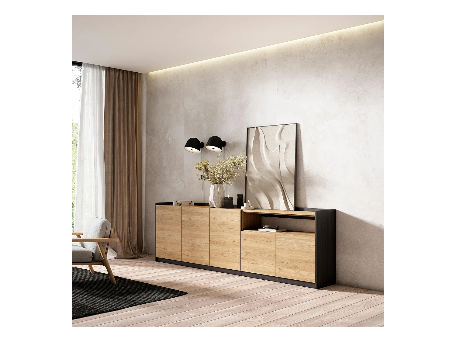 Buffet salon et cuisine, 260x80x37 cm, 5 Portes, Meuble chaussure, Chêne et noir