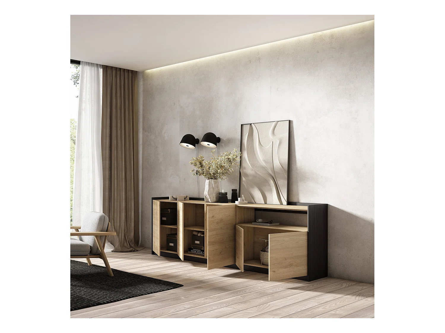 Buffet salon et cuisine, 260x80x37 cm, 5 Portes, Meuble chaussure, Chêne et noir