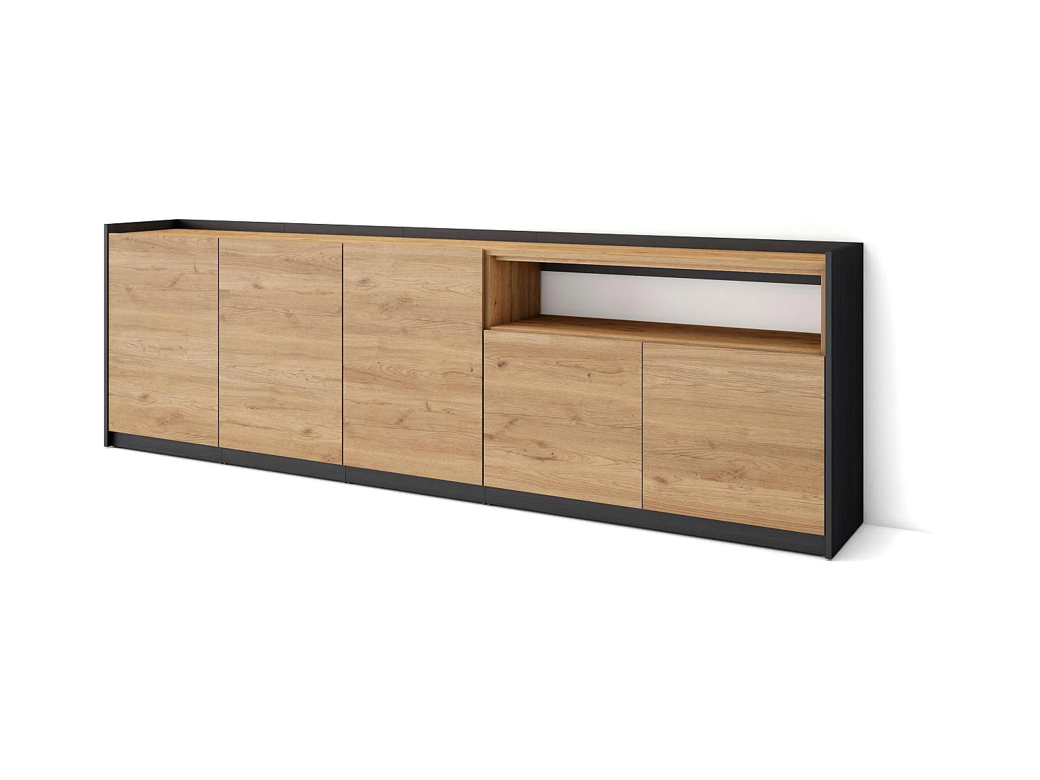 Credenza, Mobile, Cucina, 260x80x37 cm, 5 Porte, grande stoccaggio, Rovere e nero