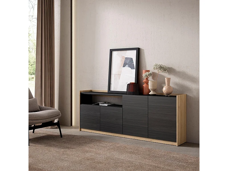 Sideboard, Highboard, 207x80x37 cm, 4 Türen, Wohnzimmer, Küche, Schwarz Eiche