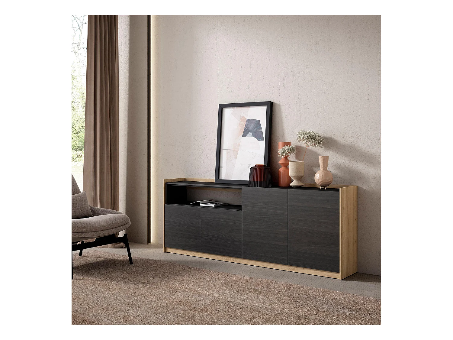 Buffet salon et cuisine, 207x80x37 cm, 4 Portes, Meuble chaussure, Noir et chêne