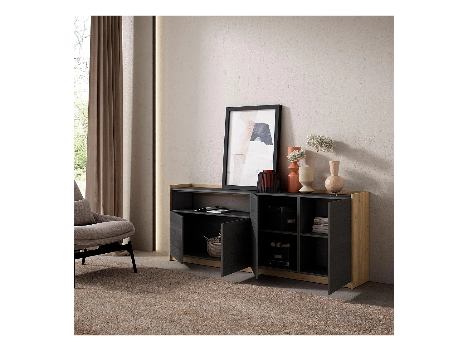 Buffet salon et cuisine, 207x80x37 cm, 4 Portes, Meuble chaussure, Noir et chêne