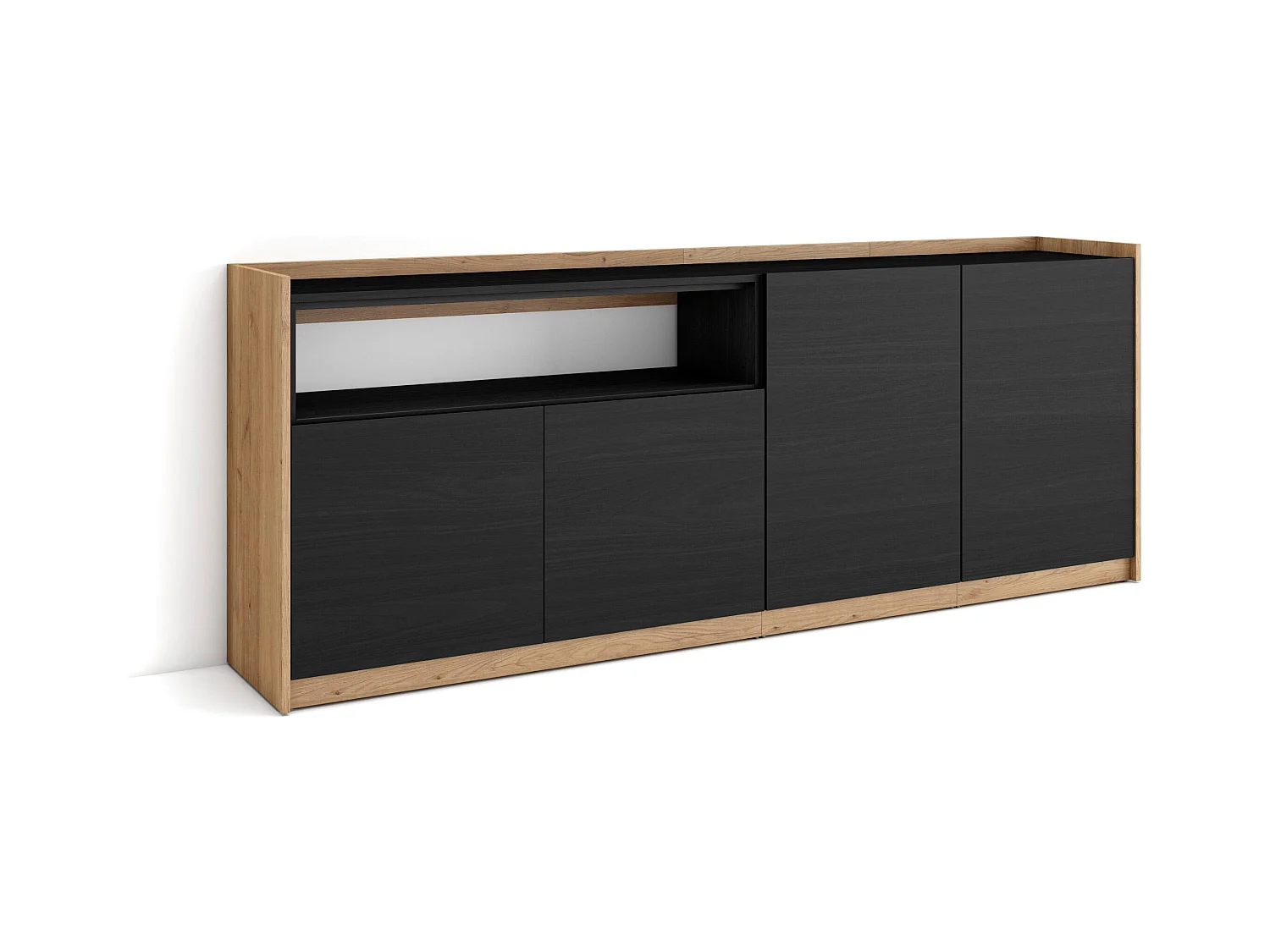 Credenza, Mobile, Cucina, 207x80x37 cm, 4 Porte, grande stoccaggio, Nero e rovere