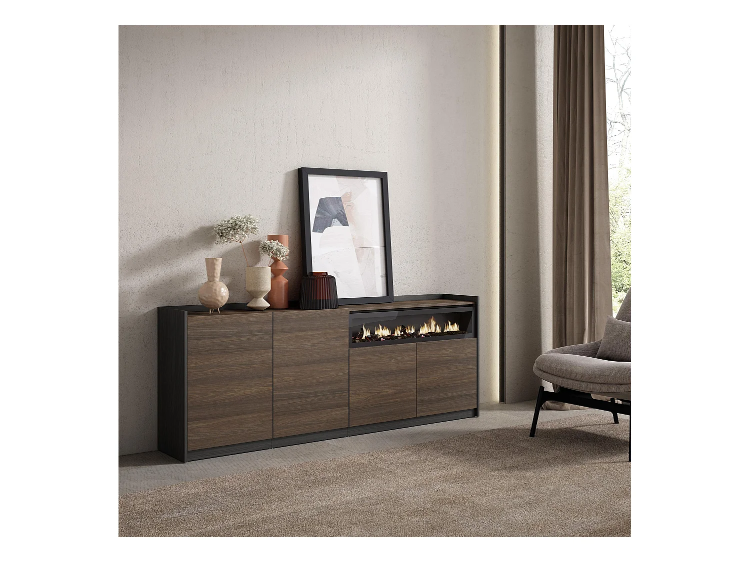 Buffet salon et cuisine, 207x80x37 cm, 4 Portes, Cheminée électrique, Chêne foncé et Noir