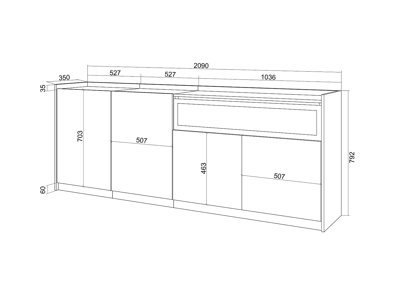 Buffet salon et cuisine, 207x80x37 cm, 4 Portes, Cheminée électrique, Chêne foncé et Noir