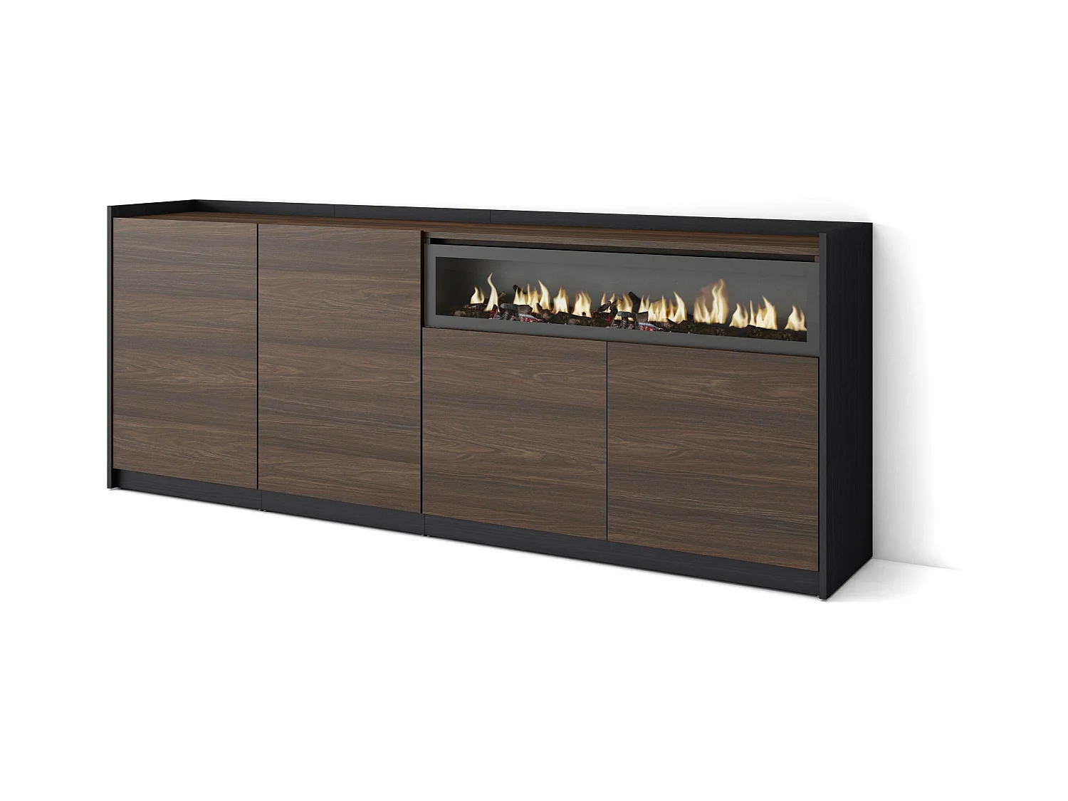 Dressoir, Opbergkast, 207x80x37 cm, 4 Deuren, Elektrische haard, Donkere eik en Zwart