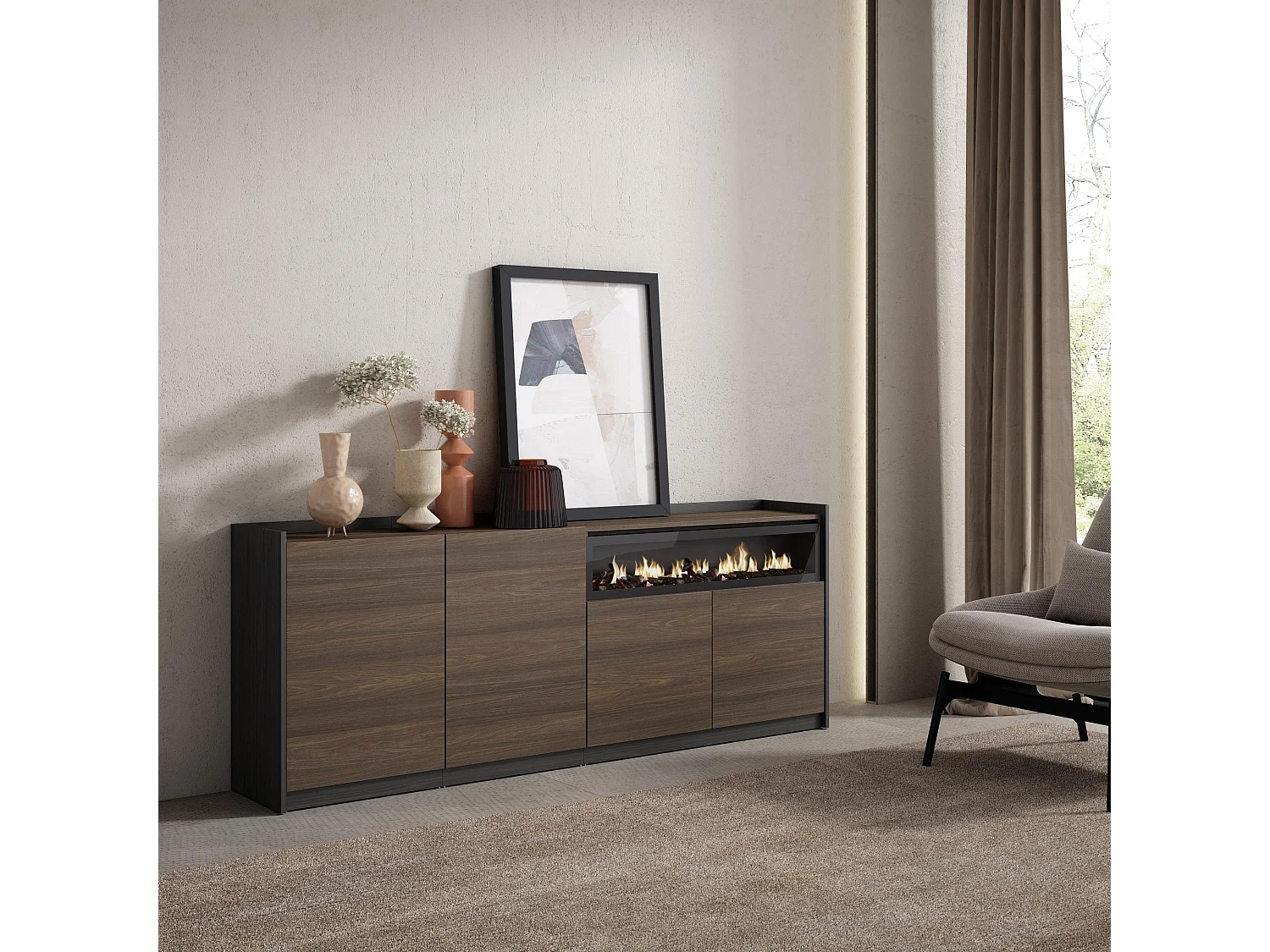 Dressoir, Opbergkast, 207x80x37 cm, 4 Deuren, Elektrische haard, Donkere eik en Zwart