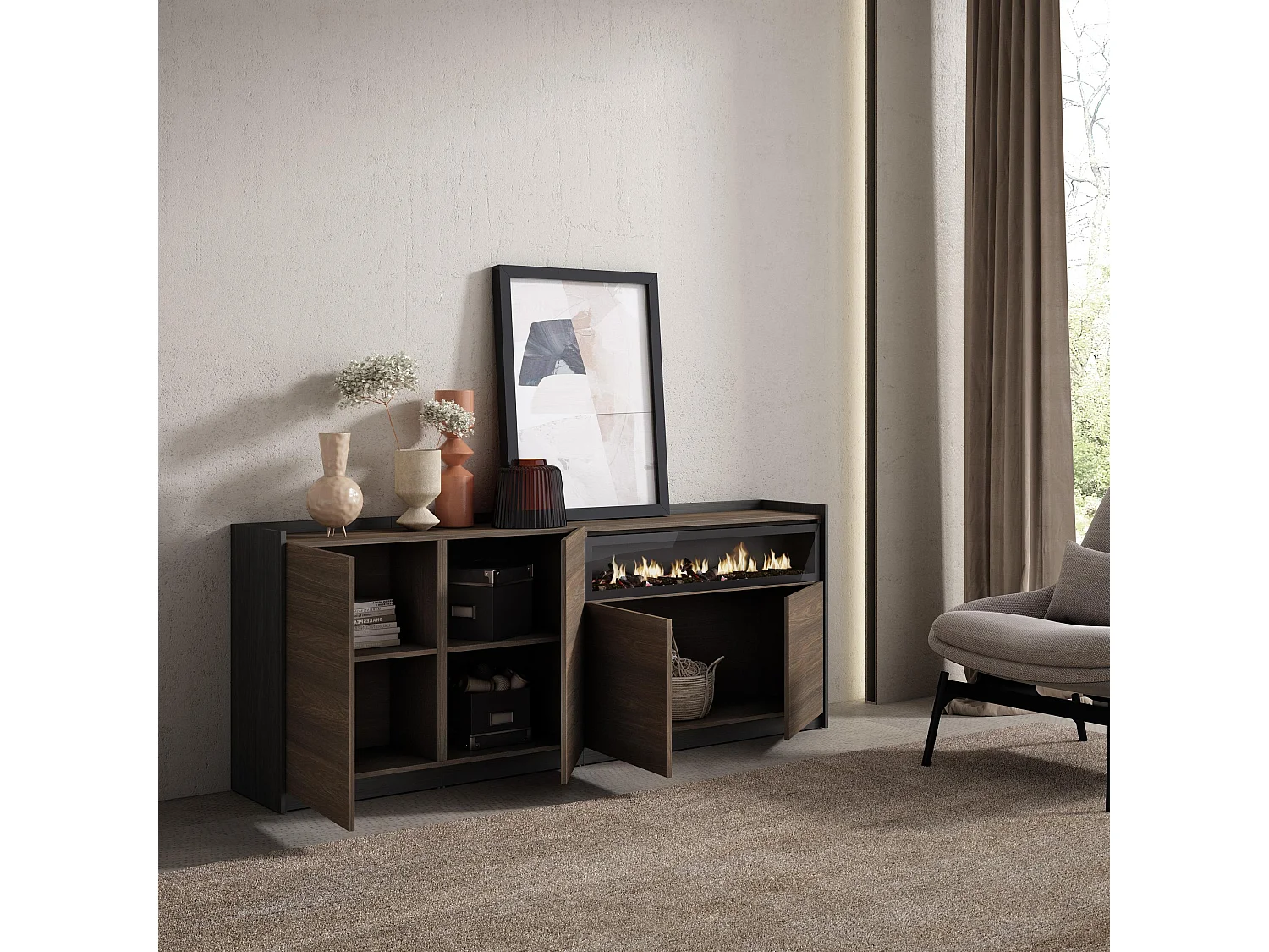 Dressoir, Opbergkast, 207x80x37 cm, 4 Deuren, Elektrische haard, Donkere eik en Zwart