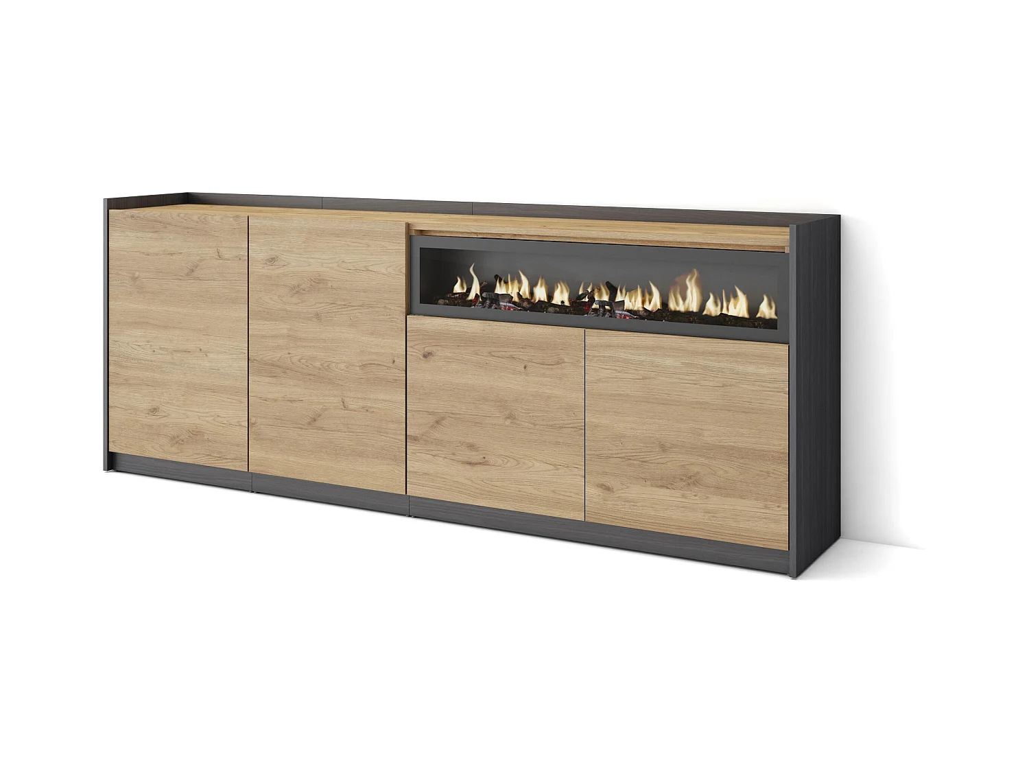 Buffet salon et cuisine, 207x80x37 cm, 4 Portes, Cheminée électrique, Chêne et noir