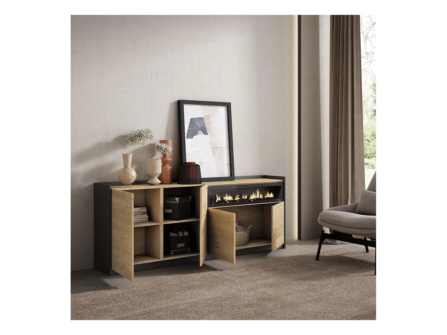 Buffet salon et cuisine, 207x80x37 cm, 4 Portes, Cheminée électrique, Chêne et noir