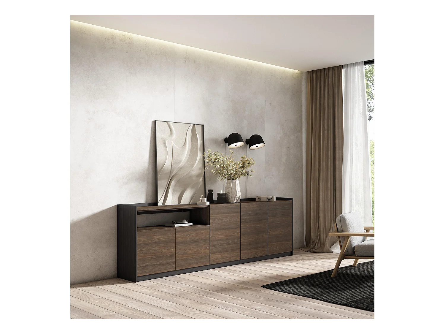 Buffet salon et cuisine, 260x80x37 cm, 5 Portes, Meuble chaussure, Chêne foncé et Noir