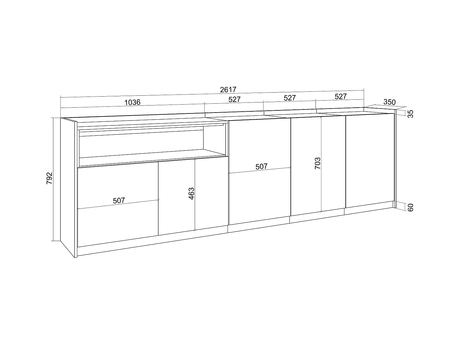 Buffet salon et cuisine, 260x80x37 cm, 5 Portes, Meuble chaussure, Chêne foncé et Noir